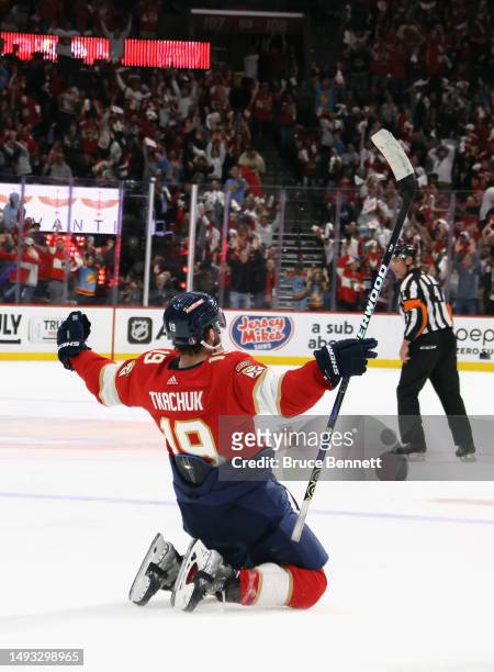 Matthew Tkachuk of the Florida Panthers celebrates his game-winning goal against the Carolina Hurricanes in Game Four of the Eastern Conference...