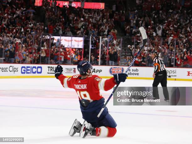 Matthew Tkachuk of the Florida Panthers celebrates his game-winning goal against the Carolina Hurricanes in Game Four of the Eastern Conference...