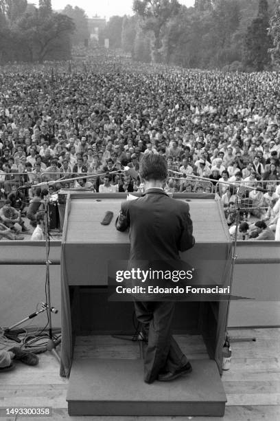 Elevated view, from behind of Italian politician Enrico Berlinguer, General Secretary of the communist party, speaks during a Festa Nazionale...