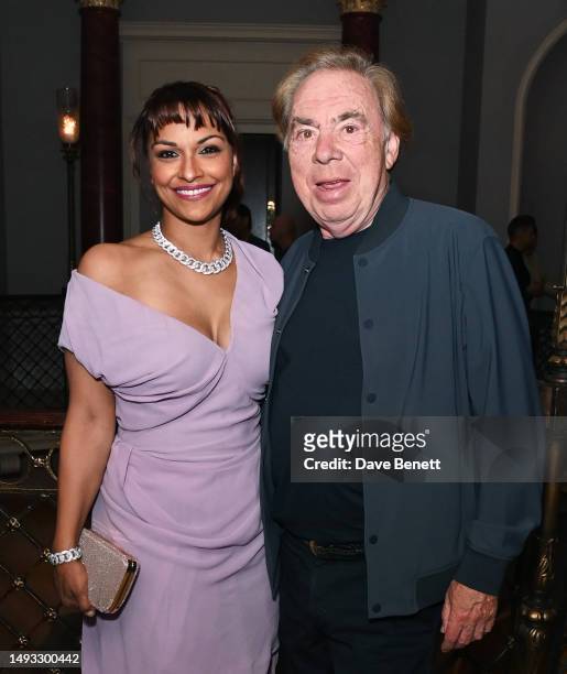 Danielle de Niese wearing a Vivienne Westwood dress and jewellery by Van Cleef and Lord Andrew Lloyd Webber attend the "Aspects of Love" opening...