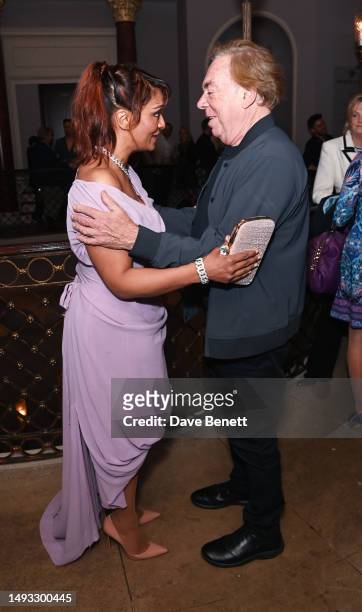 Danielle de Niese wearing a Vivienne Westwood dress and jewellery by Van Cleef and Lord Andrew Lloyd Webber attend the "Aspects of Love" opening...