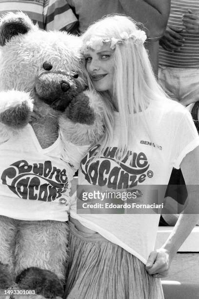 Hungarian-born Italian pornographic actress Ilona Staller as she poses with a large teddy bear, Rome, Italy, June 1, 1980.