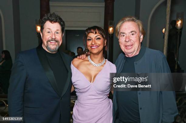 Michael Ball, Danielle de Niese wearing a Vivienne Westwood dress and jewellery by Van Cleef and Lord Andrew Lloyd Webber attend the "Aspects of...