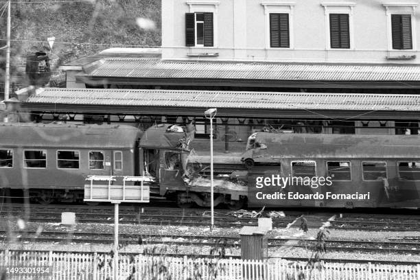 Elevated view of bomb damage on a carriage of the Rapido 904 Naples-Milan train, San Benedetto Val di Sambro, Italy, December 23, 1984. The attack...