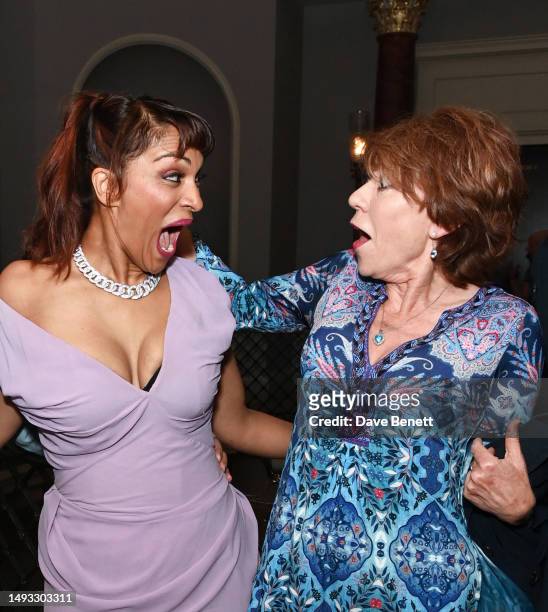 Danielle de Niese wearing a Vivienne Westwood dress and jewellery by Van Cleef and Kathy Lette attend the "Aspects of Love" opening night post-show...