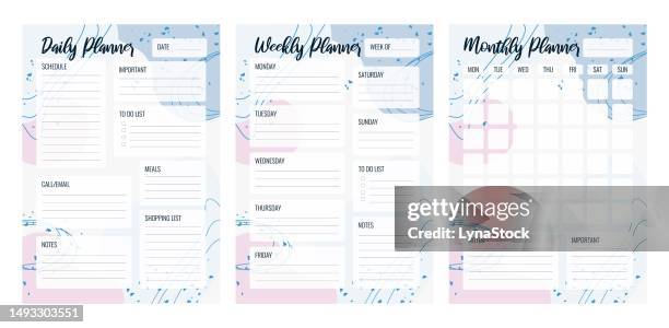 set of daily weekly monthly planner printable vector template. blank organizer page a4, a5. collection of business schedule pages for effective planning. personal notebook. paper sheet. - school routine stock illustrations