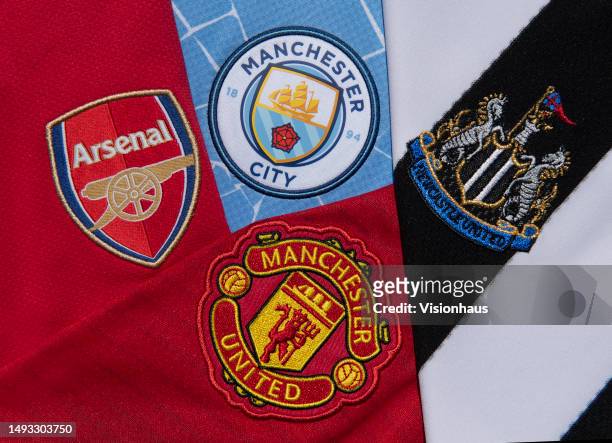The badges of Manchester City, Arsenal, Newcastle United and Manchester United, the four Premier League clubs qualified for the UEFA Champions League...