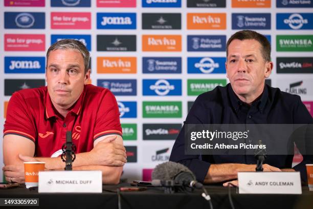 Swansea's new head coach Michael Duff and Swansea City's chairman Andy Coleman speak to journalists during the Swansea City AFC press conference at...