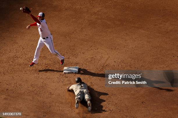 Trent Grisham of the San Diego Padres steals second base in front of Luis Garcia of the Washington Nationals during the sixth inning at Nationals...