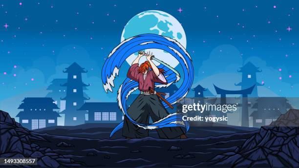 stockillustraties, clipart, cartoons en iconen met vector anime japanese samurai with water form effect and japanese houses skyline stock illustration - anime