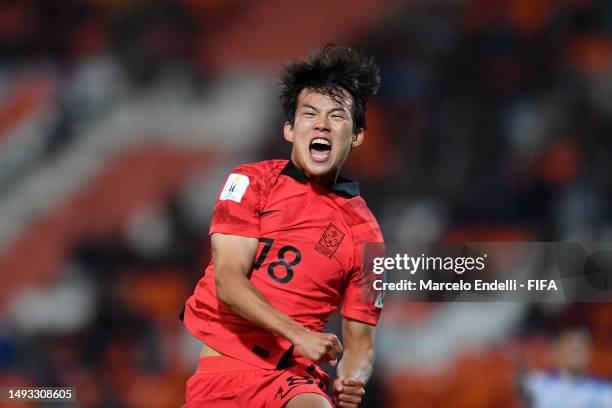 Seungho Park of Korea Republic celebrates after scoring the team's equalizer goal during the FIFA U-20 World Cup Argentina 2023 Group F match between...