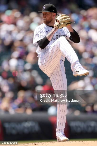 Starting pitcher Kyle Freeland of the Colorado Rockies throws against the Miami Marlins in the third inning at Coors Field on May 25, 2023 in Denver,...