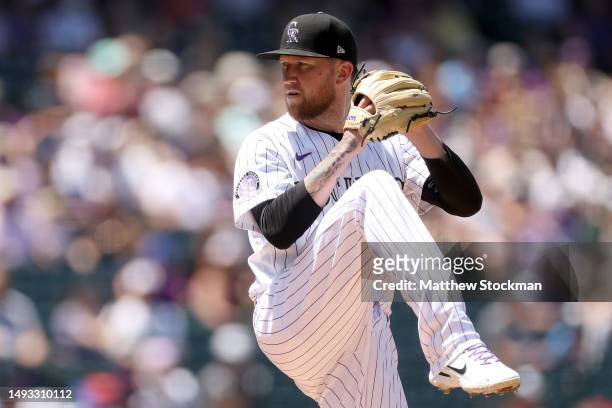 Starting pitcher Kyle Freeland of the Colorado Rockies throws against the Miami Marlins in the third inning at Coors Field on May 25, 2023 in Denver,...