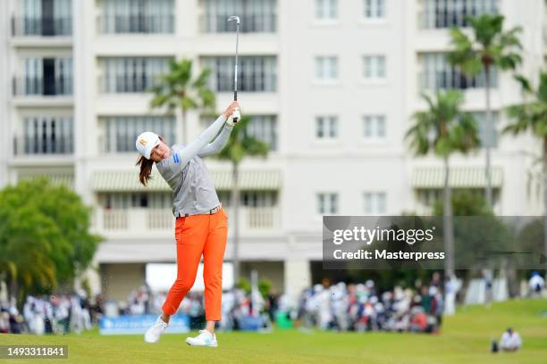 Mone Inami of Japan hits her second shot on the 10th hole during the second round of resorttrust Ladies at Grandy Hamanako Golf Club on May 26, 2023...