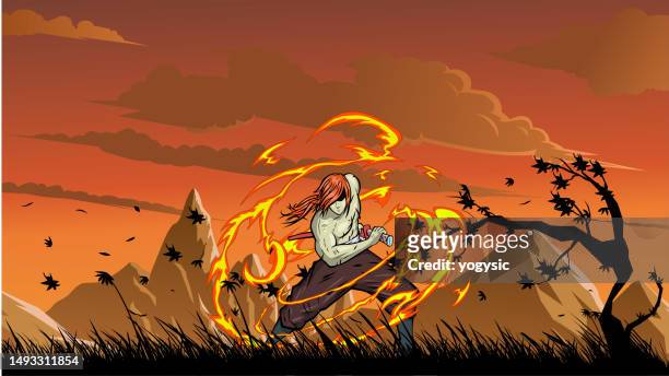 vector anime samurai holding a sword with flame effect power in a valley of tall grass stock illustration - war in the air stock illustrations