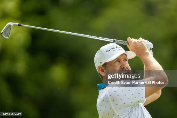 Erik Compton of the United States tees off from the eighth hole during the First Round of the Charles Schwab Challenge at Colonial Country Club on...