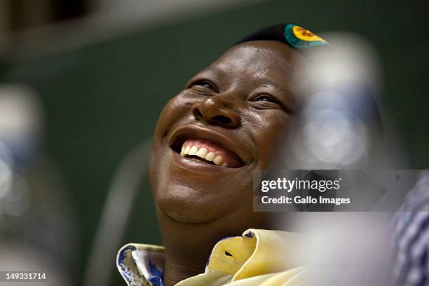 Expelled ANC Youth League leader Julius Malema laughs during his lecture on the life of Nelson Mandela on July 26, 2012 at the Cape Peninsula...