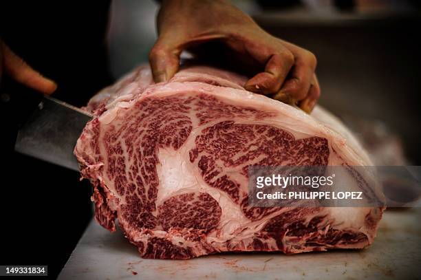 Newly imported "Kobe beef" from Japan is displayed at a supermarket in Hong Kong on July 27, 2012. Japan, which promotes its "Kobe beef" as high-end...