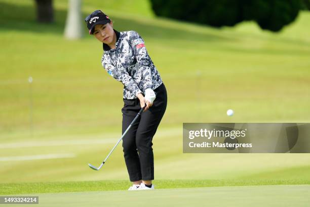 Ayako Kimura of Japan chips onto the 12th green during the second round of resorttrust Ladies at Grandy Hamanako Golf Club on May 26, 2023 in...