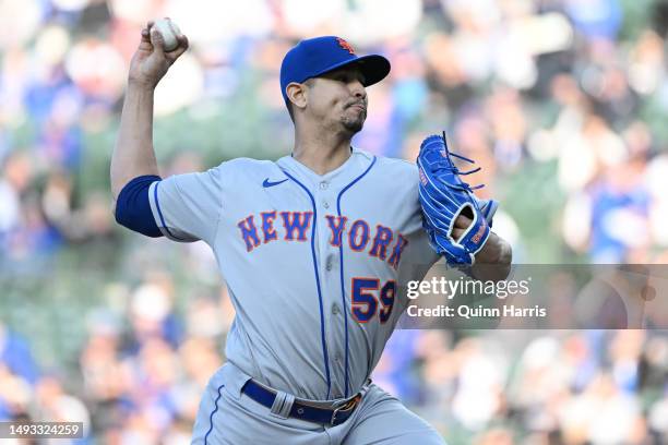 Carlos Carrasco of the New York Mets pitches in the first inning against the Chicago Cubs at Wrigley Field on May 25, 2023 in Chicago, Illinois.