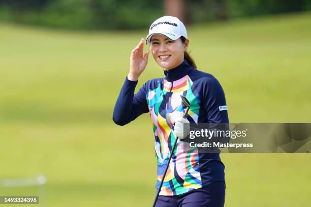 Hina Arakaki of Japan celebrates the chip-in-birdie 12 during the second round of resorttrust Ladies at Grandy Hamanako Golf Club on May 26, 2023 in...