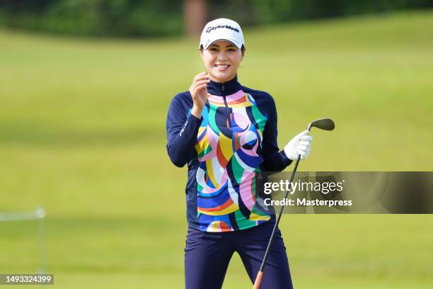 Hina Arakaki of Japan celebrates the chip-in-birdie 12 during the second round of resorttrust Ladies at Grandy Hamanako Golf Club on May 26, 2023 in...