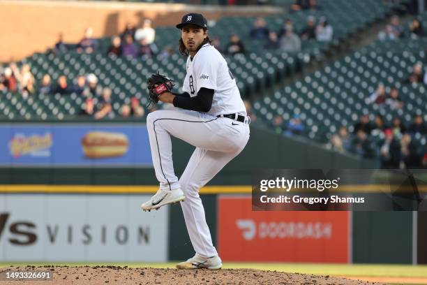 Alex Faedo of the Detroit Tigers throws a third inning pitch while playing the Chicago White Sox at Comerica Park on May 25, 2023 in Detroit,...