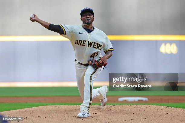 Julio Teheran of the Milwaukee Brewers throws a pitch during the first inning against the San Francisco Giants at American Family Field on May 25,...
