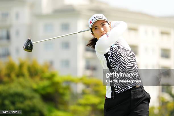 Ritsuko Ryu of Japan hits her tee shot on the 13th hole during the second round of resorttrust Ladies at Grandy Hamanako Golf Club on May 26, 2023 in...