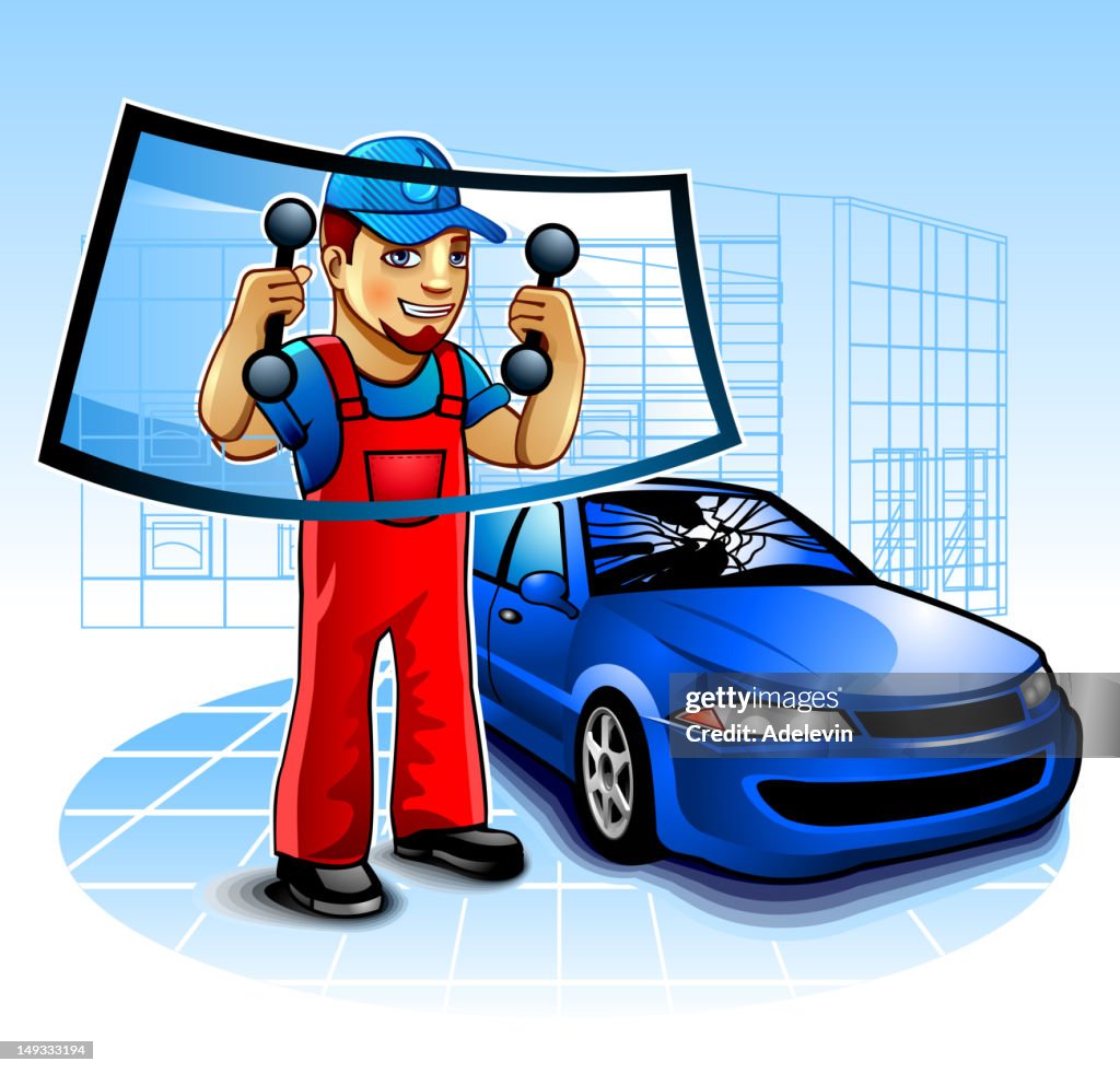 Cartoon Car Mechanic Replacing The Windshield Of A Blue Car High-Res Vector  Graphic - Getty Images