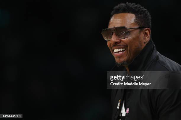 Paul Pierce looks on during the first quarter between the Boston Celtics and the Miami Heat in game five of the Eastern Conference Finals at TD...