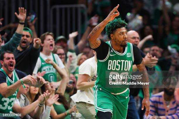 Marcus Smart of the Boston Celtics reacts against the Miami Heat during the first quarter in game five of the Eastern Conference Finals at TD Garden...