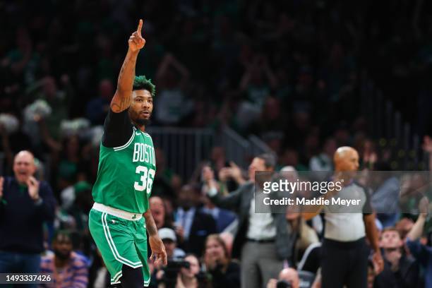 Marcus Smart of the Boston Celtics reacts against the Miami Heat during the first quarter in game five of the Eastern Conference Finals at TD Garden...