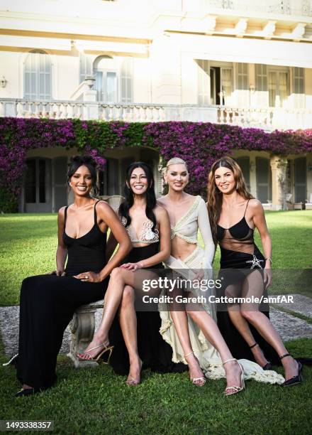 Negin Mirsalehi, Elsa Hosk, Raissa Gerona and Jasmine Tookes attend the amfAR Cannes Gala 2023 at Hotel du Cap-Eden-Roc on May 25, 2023 in Cap...