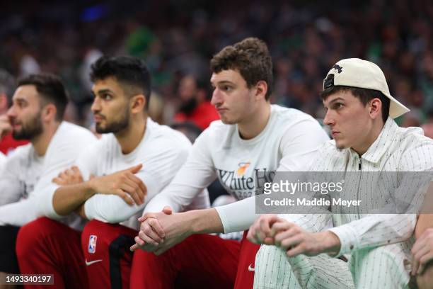 Tyler Herro of the Miami Heat sits on the bench in game five of the Eastern Conference Finals against the Boston Celtics at TD Garden on May 25, 2023...