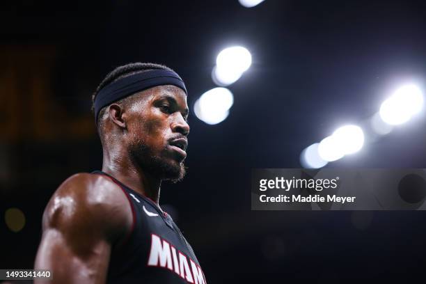 Jimmy Butler of the Miami Heat looks on against the Boston Celtics during the first quarter in game five of the Eastern Conference Finals at TD...