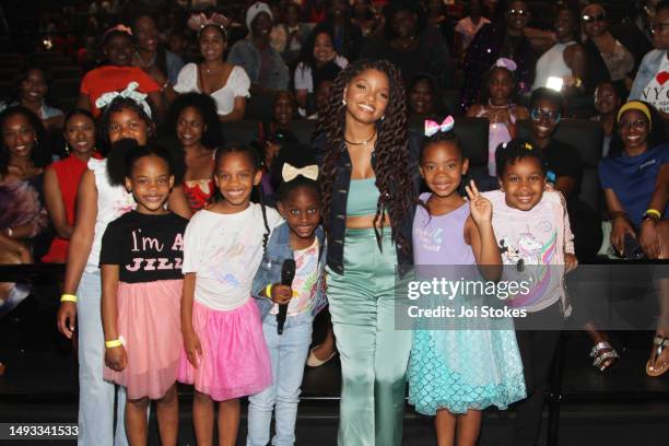 Halle Bailey greets fans during the Family and friends screening of The Little Mermaid at Regal Atlantic Station on May 25, 2023 in Atlanta, Georgia.