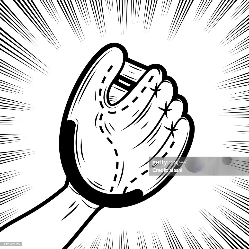 Une main humaine portant des gants et des mitaines de softball Catcher Baseball, en arrière-plan avec des lignes de vitesse radiales manga