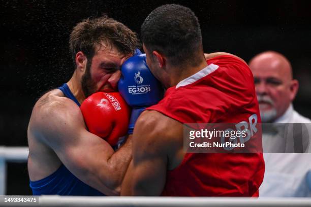 Delicious Justin Orie of UK in action against Davit Chaloyan of Armenia during the Boxing - Men's +92kg - Quarterfinal 3 on Day Ten of the European...