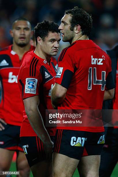 Dan Carter of the Crusaders shows his disappointment after the Super Rugby Semi Final match between the Chiefs and Crusaders at Waikato Stadium on...
