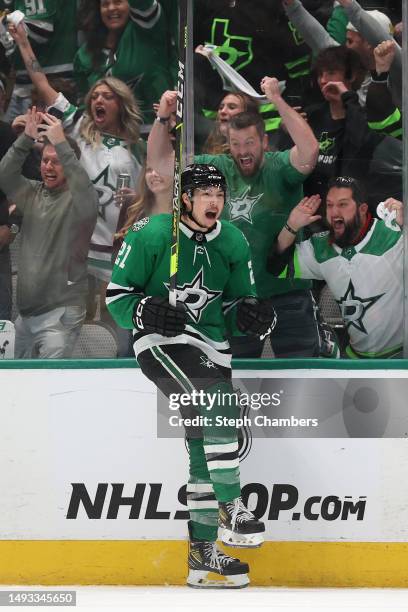 Jason Robertson of the Dallas Stars celebrates a goal against the Vegas Golden Knights during the second period in Game Four of the Western...