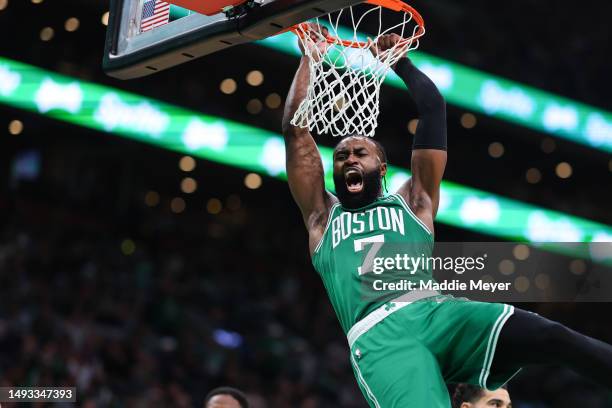 Jaylen Brown of the Boston Celtics dunks the ball against the Miami Heat during the third quarter in game five of the Eastern Conference Finals at TD...