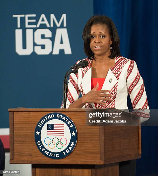 First Lady Michelle Obama addresses members of the 2012 Team USA at the University of East London on July 27, 2012 in London, England. Michelle Obama...