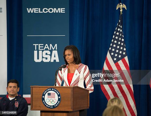 First Lady Michelle Obama addresses members of the 2012 Team USA at the University of East London on July 27, 2012 in London, England. Michelle Obama...