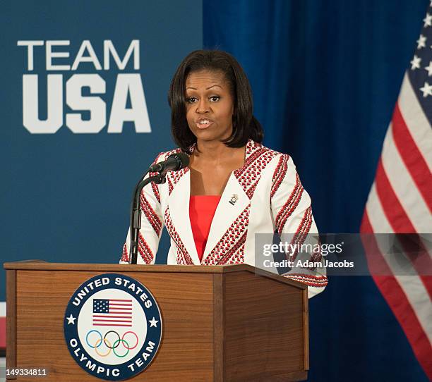 First Lady Michelle Obama addresses members of the 2012 Team USA at the University of East London on July 27, 2012 in London, England. Michelle Obama...