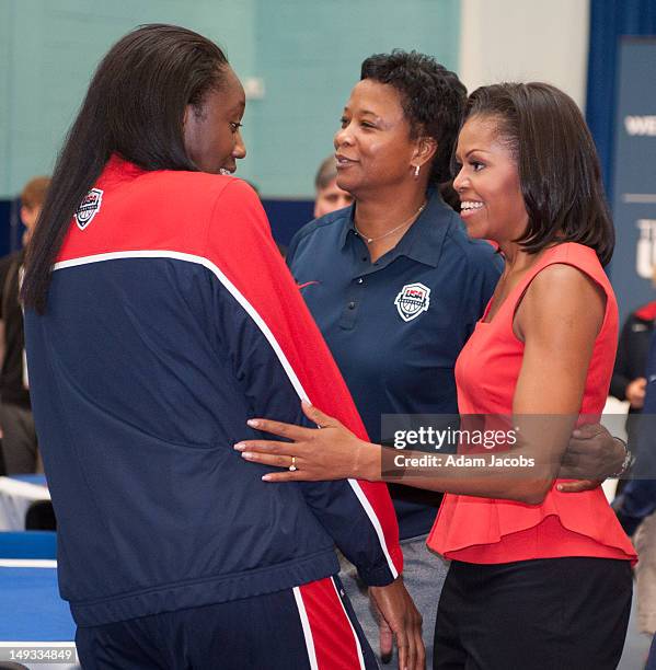 First Lady Michelle Obama meets members of the 2012 Team USA at the University of East London on July 27, 2012 in London, England. Michelle Obama...