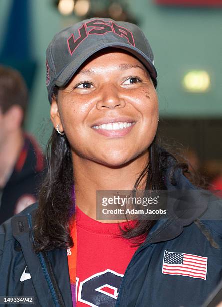 Athlete Aretha Thurmond at the University of East London on July 27, 2012 in London, England. Michelle Obama addressed members of the 2012 Team USA...