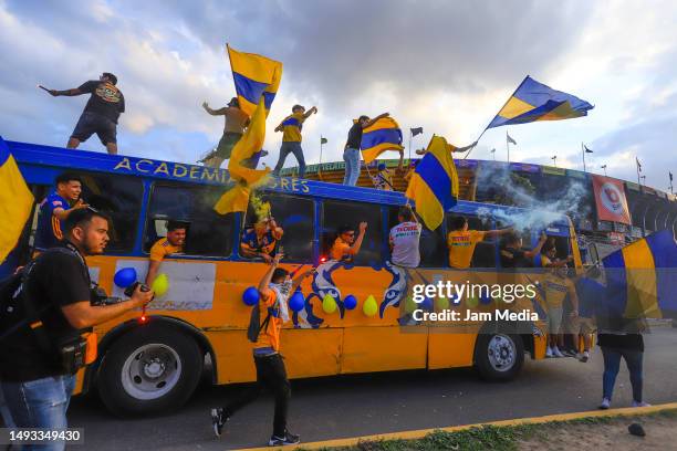 Fans of Tigres cheer outside the stadium prior to the final first leg match between Tigres UANL and Chivas as part of the Torneo Clausura 2023 Liga...