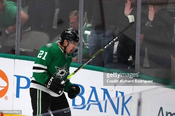 Jason Robertson of the Dallas Stars celebrates a goal against the Vegas Golden Knights during the second period in Game Four of the Western...