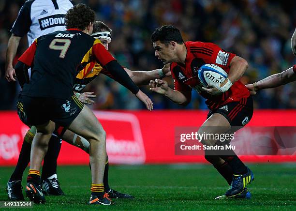 Dan Carter of the Crusaders in action during the Super Rugby Semi Final match between the Chiefs and Crusaders at Waikato Stadium on July 27, 2012 in...